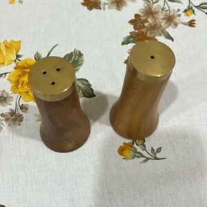 Wood and Antique Brass Salt and Pepper Shakers New Pair